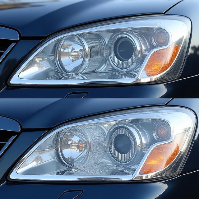 The same car headlight, now crystal clear after restoration.