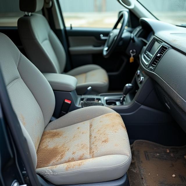 The interior of an SUV with stained seats and dusty surfaces.
